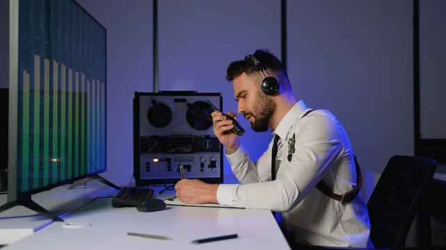 Intelligence officer monitoring intercepted audio and reporting