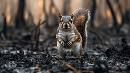 Animal stand in burnt forest. Sad and moody. The aftermath of wild fire devastation.