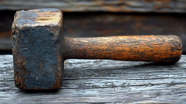 Weathered wooden mallet on weathered wood
