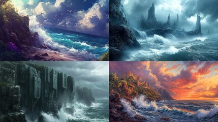 Naklejka premium Four scenic coastal landscapes depicting dramatic ocean waves crashing against rocky cliffs and shores under various weather conditions.