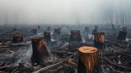Devastated aftermath scene of wild forest fire.