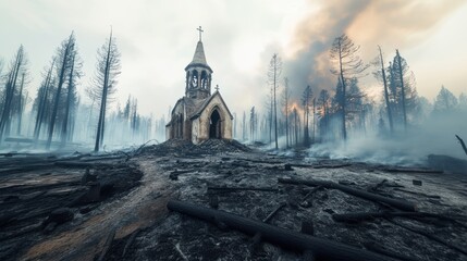 Devastated aftermath scene of a destroyed village due to wild fire.