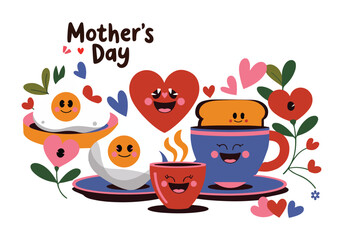 Cute Mothers Day Breakfast with Smiling Eggs, Toast, Coffee, Hearts, and Flowers in Kawaii Style