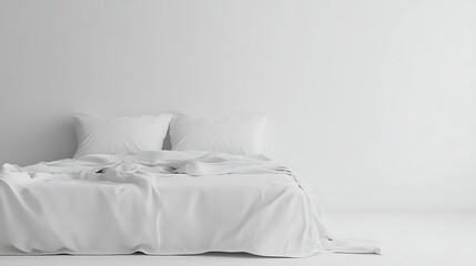 A white bed with two pillows and a white blanket