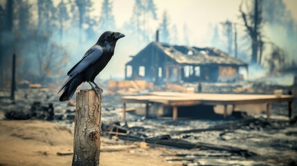 A raven stands on a tree stump with background of the aftermath of wild fire devastation.