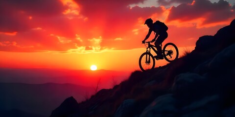 Obraz premium Mountain biker silhouetted against a stunning sunset backdrop