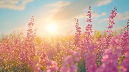 Naklejka premium Pink Flower Field at Sunset: A Serene Summer Landscape