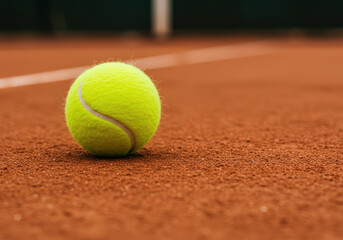 Tennis ball on the court, mid-air, after a powerful serve. Racket in the background, ready player at the baseline. High-energy tennis match moment.