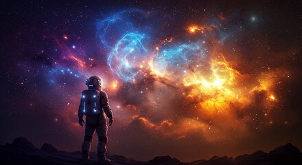 Obraz premium Astronaut Staring at Colorful Galaxy Nebula from a Rocky Planet