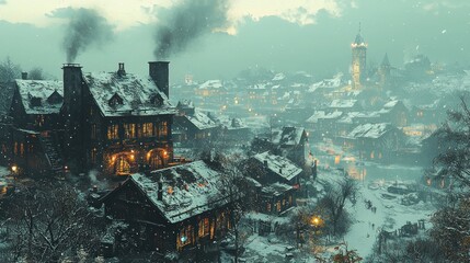 Snowy medieval town at dusk.