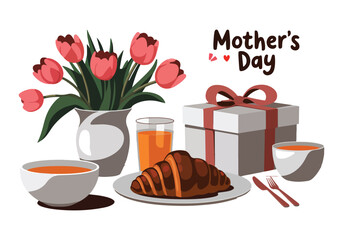 Mothers Day Breakfast with Croissant, Coffee, Juice, Tulips, and Gift Box in Elegant Style