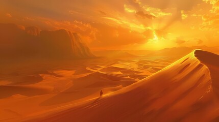 Vast sand dunes at sunset, with long shadows and rich golden colors