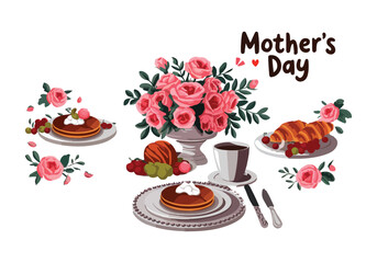 Mothers Day Breakfast Scene with Pancakes, Croissants, Coffee, Fruit, and Pink Rose Bouquet