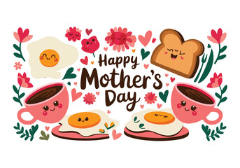 Happy Mothers Day Breakfast with Kawaii Eggs, Toast, Coffee, Hearts, and Floral Decorations