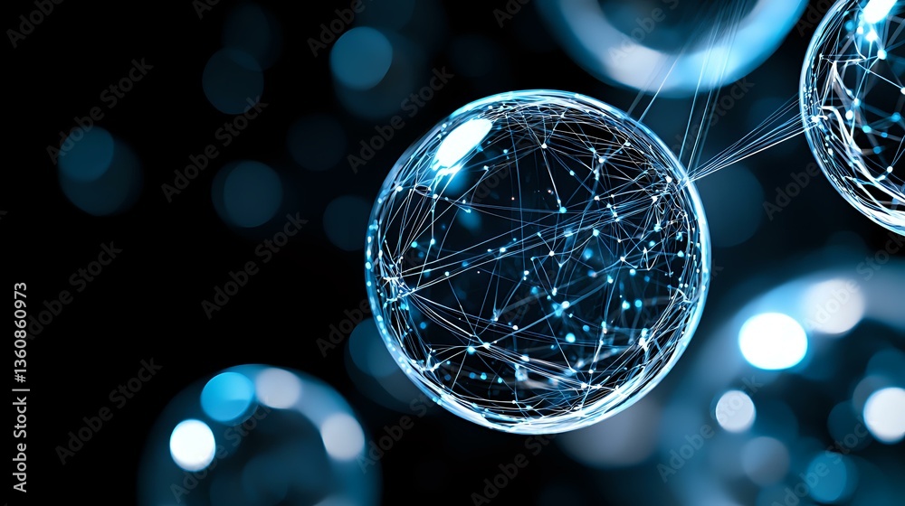 Poster glowing spherical network structure with connected dots and lines on dark background with bokeh ligh
