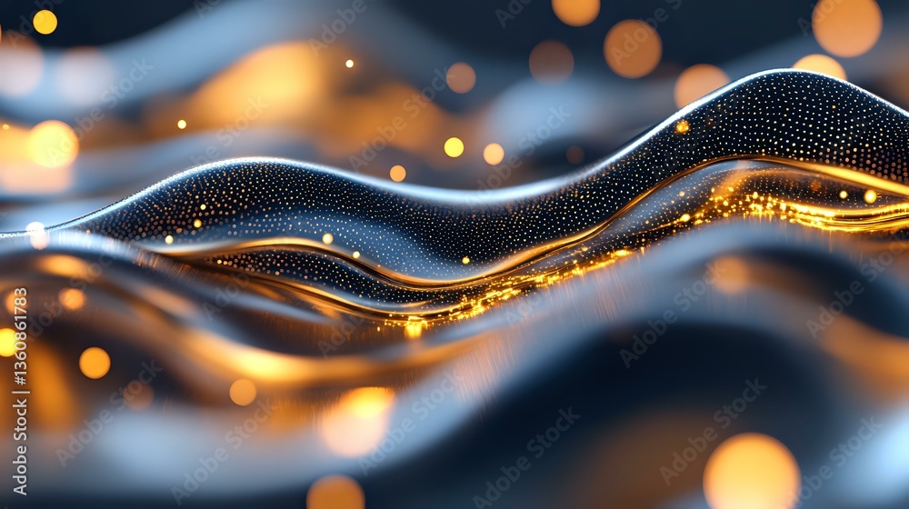 Poster abstract flowing waves with glowing golden particles and bokeh lights against dark background create