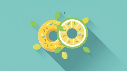 Delicious Lemon Donut with Fresh Slices and Leaves on a Vibrant Background
