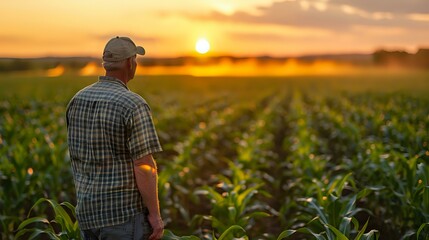 Fototapeta premium Caucasian farmer in plaid shirt and cap observing corn field rows at golden sunset, back view. Agricultural landscape with growing maize crops and warm evening light.