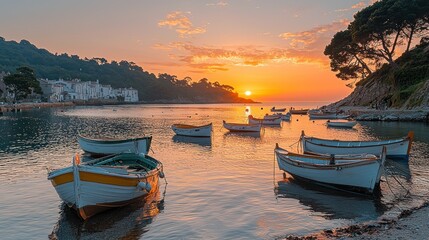 Fototapeta premium Sunrise over calm bay with fishing boats.