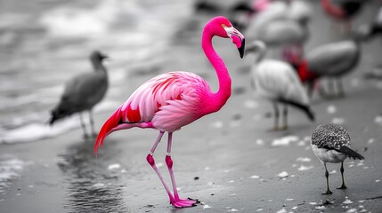 Single pink flamingo among grayscale birds its vibrant plumage catching the eye