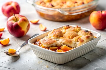 peach cobbler in white background