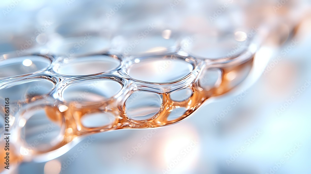Poster macro photography of transparent bubble pattern with soft orange and blue reflections creating abstr