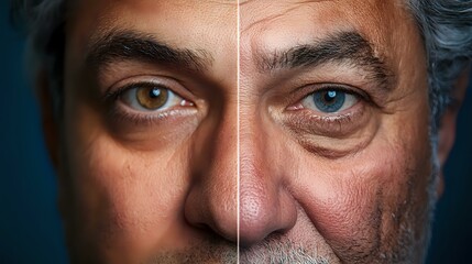 Close up portrait of mature man's face split in half showing aging process and skin changes over time, dramatic lighting highlights facial features and wrinkles.