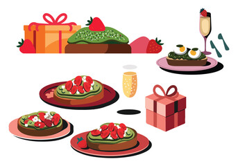 Mothers Day Avocado Toast Breakfast with Strawberries, Gifts, and Champagne Glasses Vector