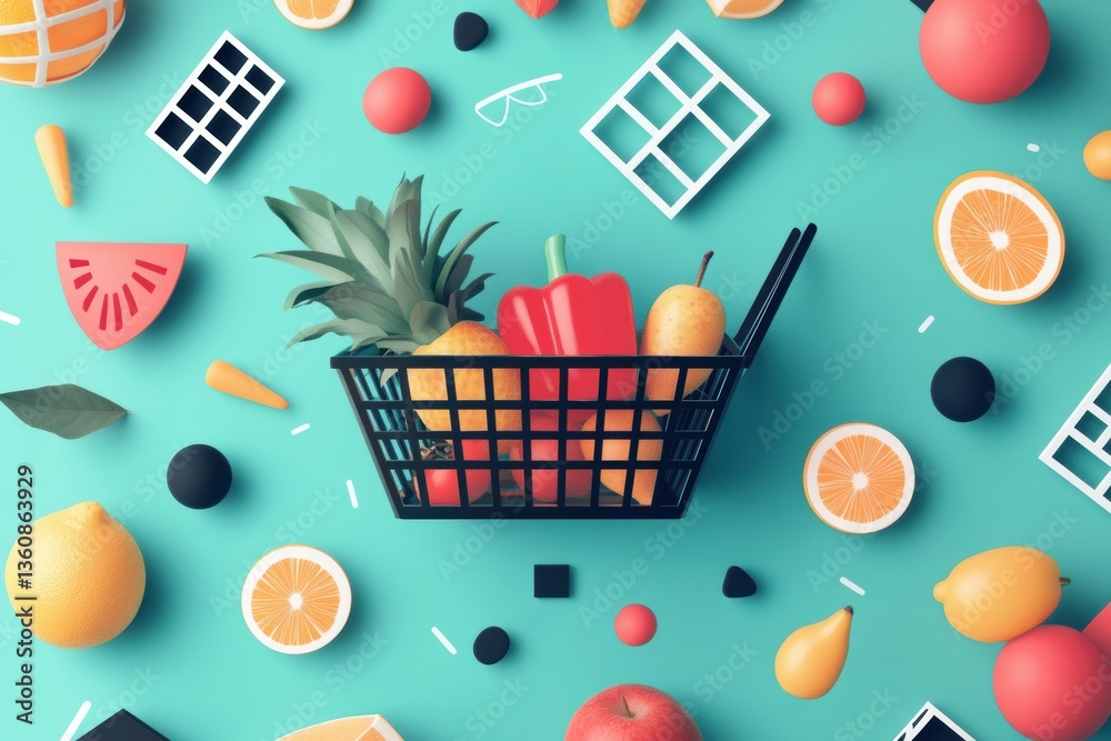 Leinwandbilder stylish abstract grocery shopping theme featuring a modern basket filled with colorful fruits and ve