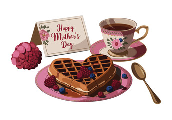 Mothers Day Breakfast with Heart Waffle, Berries, Tea Cup, and Greeting Card in Pastel Style