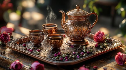 Fototapeta premium Ornate Arabic tea set with dates and flowers.