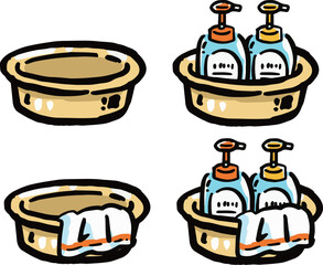 いろいろな洗面器、桶の手描き風イラストセット