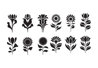 Black Floral Silhouettes with Sunflowers, Tulips, and Decorative Flower Designs in Vector Style