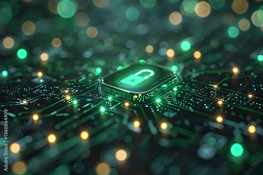 Poster glowing microchip on circuit board with green and gold bokeh lights creating futuristic technology a