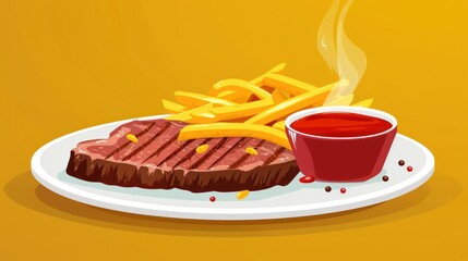 Grilled Steak with Crispy Fries and Ketchup A Mouthwatering Meal Presentation for Food Enthusi