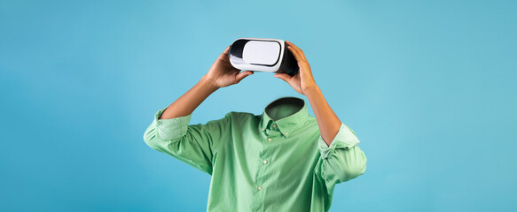 A user experiences virtual reality while wearing advanced goggles. The background is simple,...