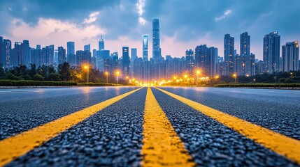 Cityscape Road at Dusk: A Journey Towards Urban Skyline