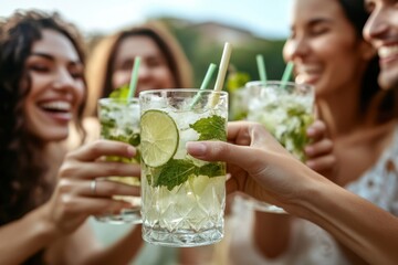 A group of friends laughing and clinking mojito drinks together, enjoying the social aspect of summer events Generative AI
