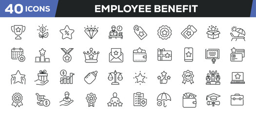 Employee benefit icons set. Web line icons collection related incentive, bonus, compensation, career. Editable stroke. Perfect pixel vector illustration isolated on white background.