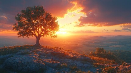 Lone tree on hilltop at sunset, scenic landscape.