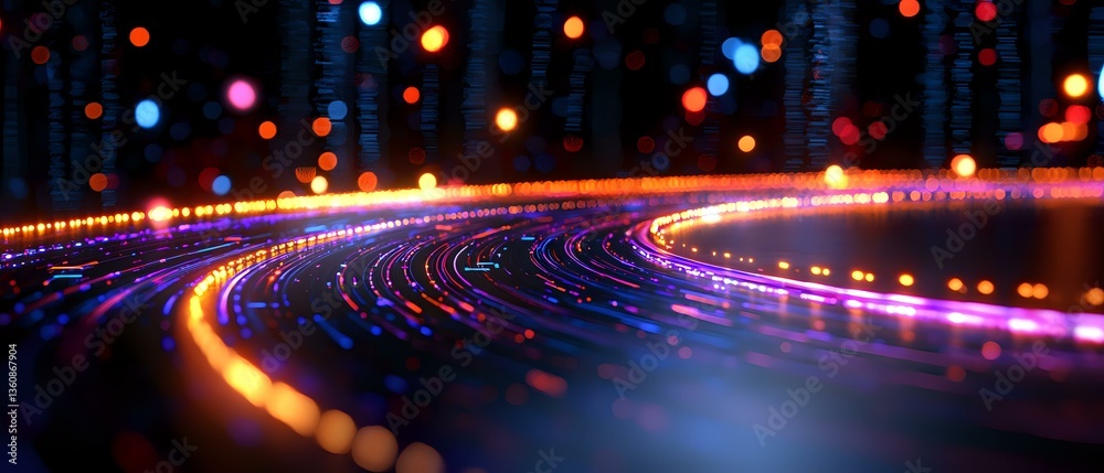 Poster curved lines of glowing neon lights creating futuristic paths against dark background with colorful 