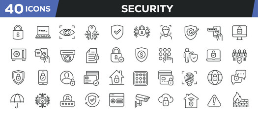 Security icons set. Web line icons collection related protection, access, guard, safety. Editable stroke. Perfect pixel vector illustration isolated on white background.