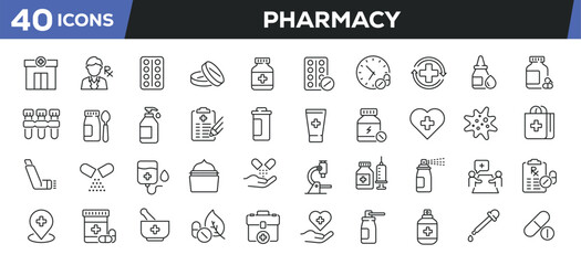 Pharmacy icons set. Web line icons collection related medicine, drug, prescription, medical. Editable stroke. Perfect pixel vector illustration isolated on white background.