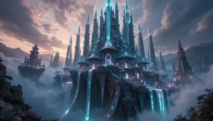 Obraz premium A breathtaking digital illustration of a sprawling, futuristic city built on floating islands.