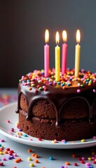Big chocolate cake with colorful sprinkles and candles on top, indulgent, celebration