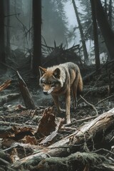Fototapeta premium Wild animal standing in forest with cut down trees. Animal lost natural habitat due to human activity.