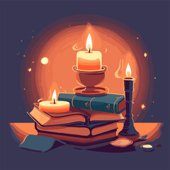 book with light candle on table school concept vector