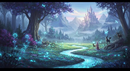 Fantasy Landscape with River, Castle, and Deer Glowing in Enchanted Forest