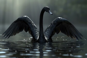 Majestic black swan spreading wings on dark water surface, creating dramatic silhouette against misty background. Water droplets sparkle in morning light.