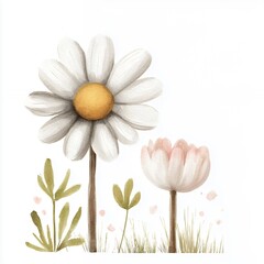 Obraz premium Watercolor White Daisy and Pink Flower Illustration